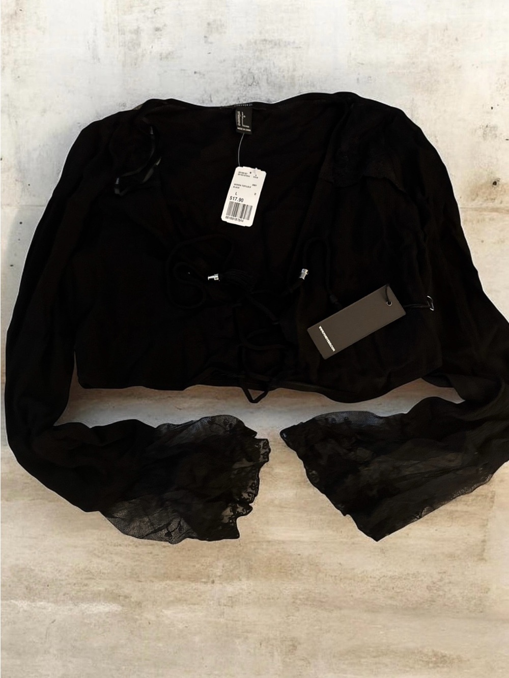 Forever 21 Black Lace-Up Cropped Top with Sheer Bell Sleeves